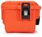An orange, robust protective plastic case with a black fastener, suitable for the safe transportation of delicate items.