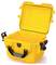 Yellow, open suitcase with robust locks and handle.