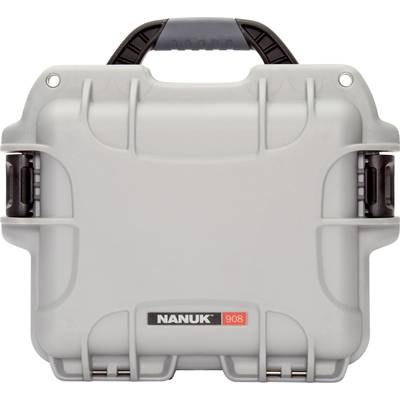Grey Nanuk 908 protective case with black handle and latches, suitable for the secure transportation of delicate equipment.