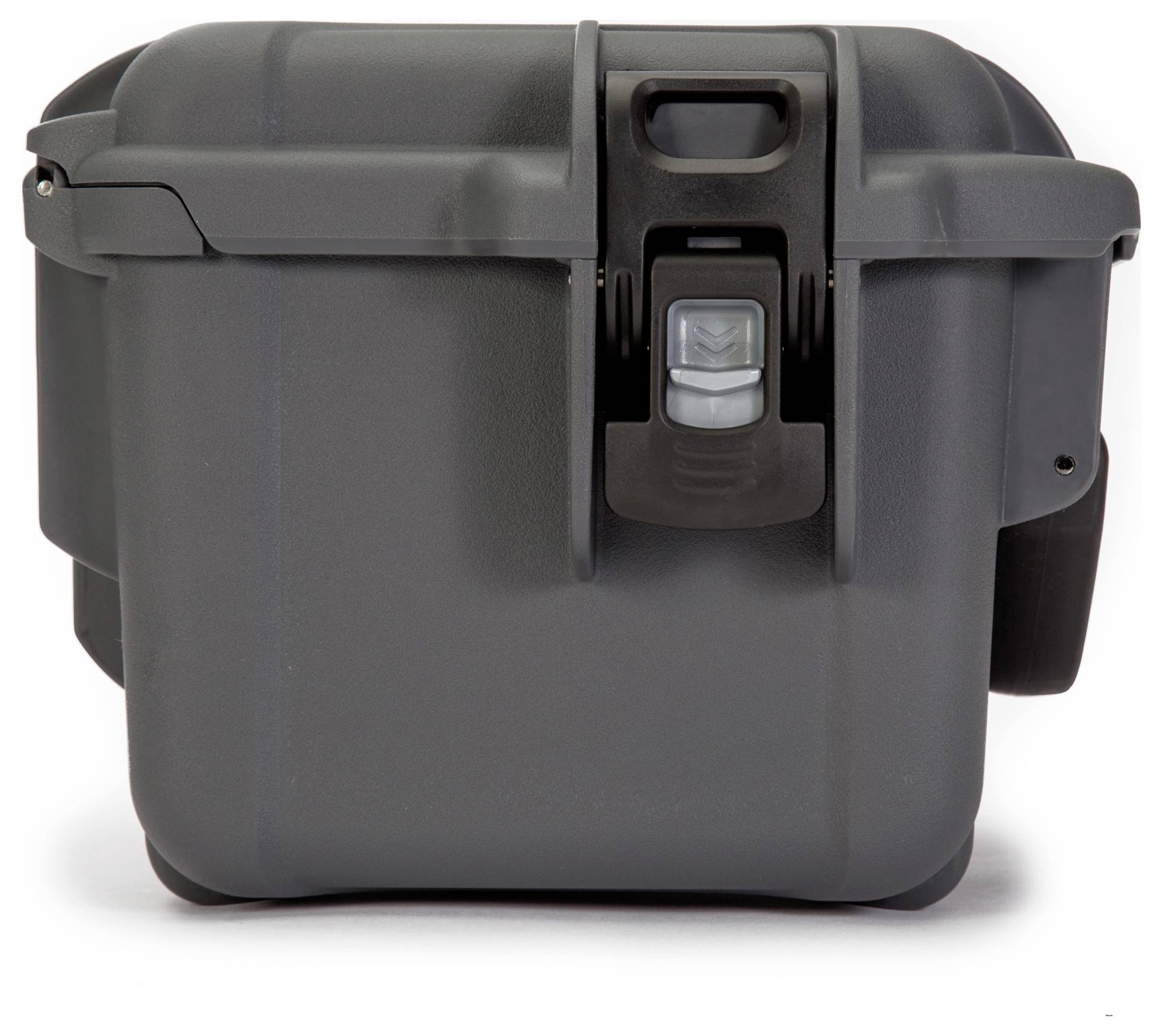 Grey, robust plastic case with a central locking mechanism and an ergonomic handle on top, suitable for the secure transportation of equipment.