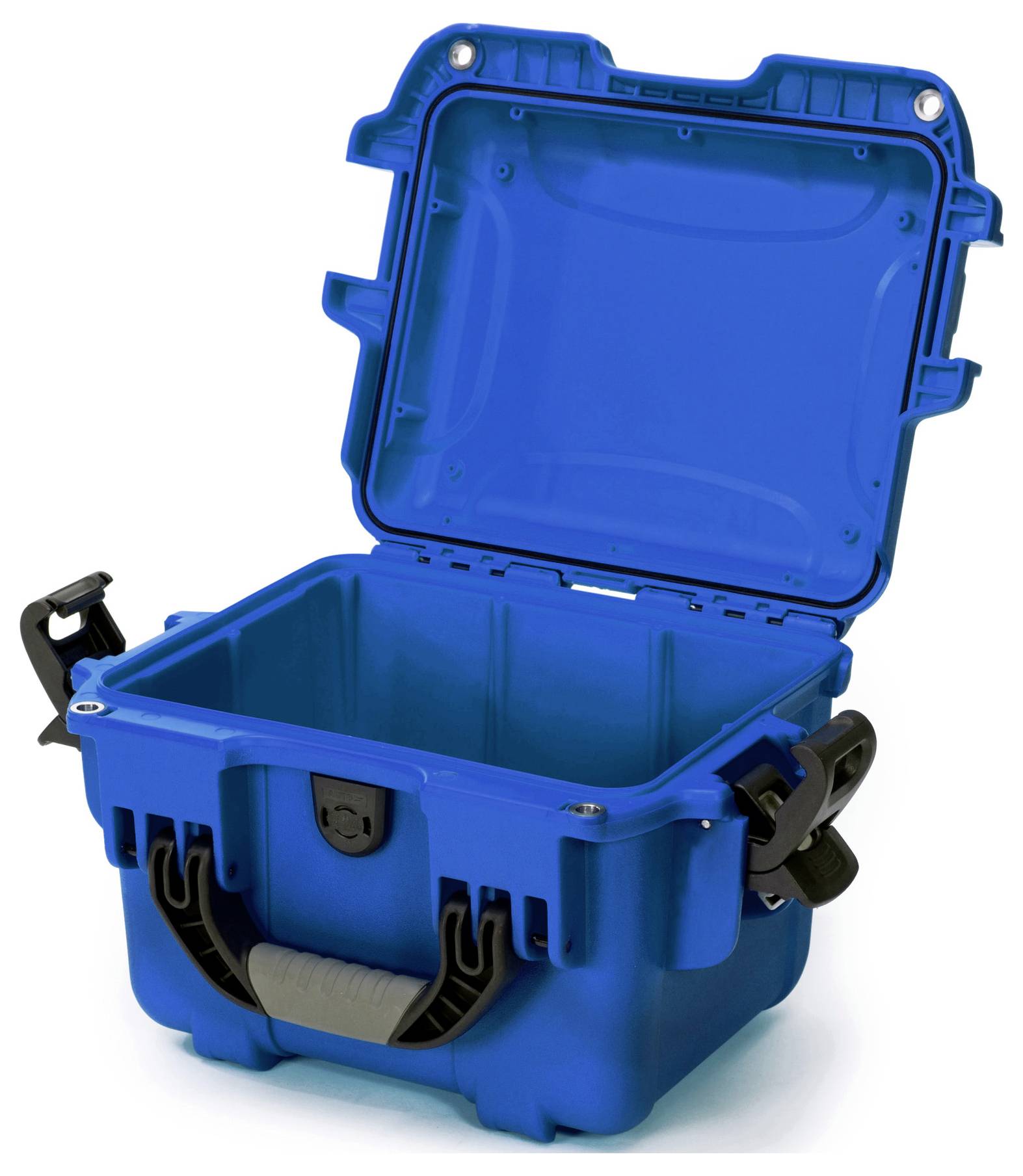 An opened, blue plastic case with robust clips and a black handle. It is empty and shows a sturdy construction.