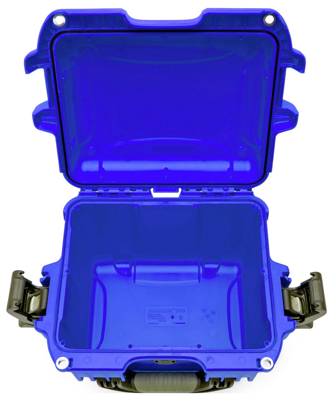 Blue, open suitcase with robust design and dark handles, suitable for the secure transportation of delicate equipment.