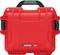 Red hard-shell suitcase with black handle, brand 'NANUK 908', suitable for secure transportation of delicate equipment.