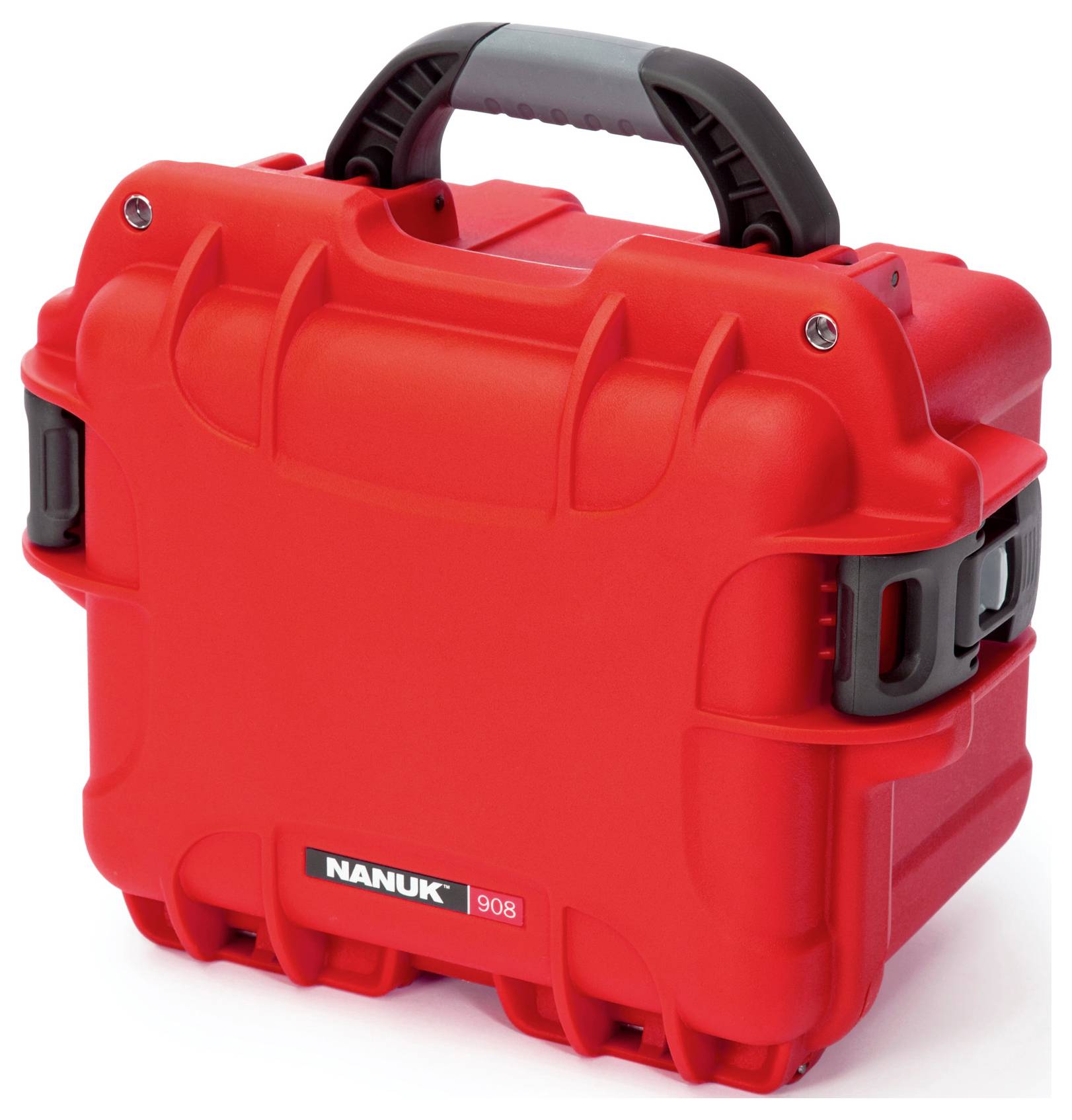 Red protective case with handle, robust design, and 'NANUK 908' label on the front, suitable for secure storage.