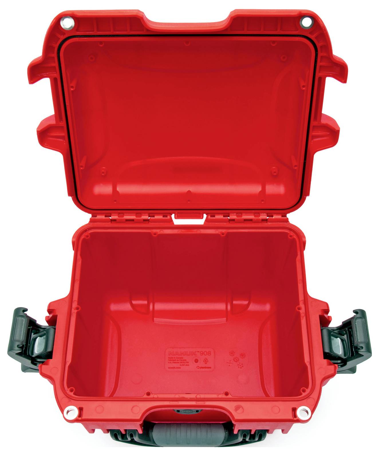 An open, empty, red protective case with robust locks.