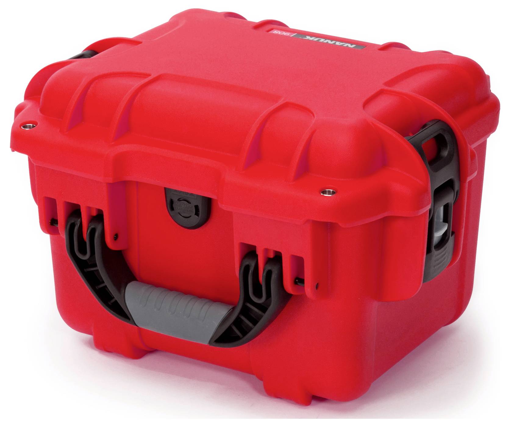 Red, sturdy suitcase with a black handle, suitable for secure transport and storage.