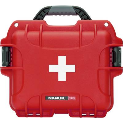 Red first aid kit with white cross on the front, sturdy plastic handle, suitable for emergency situations.