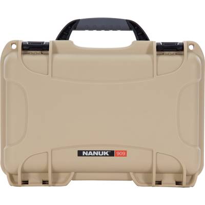 A beige protective case with a handle, robust design and the print 'NANUK 909'. Suitable for safely transporting delicate items.