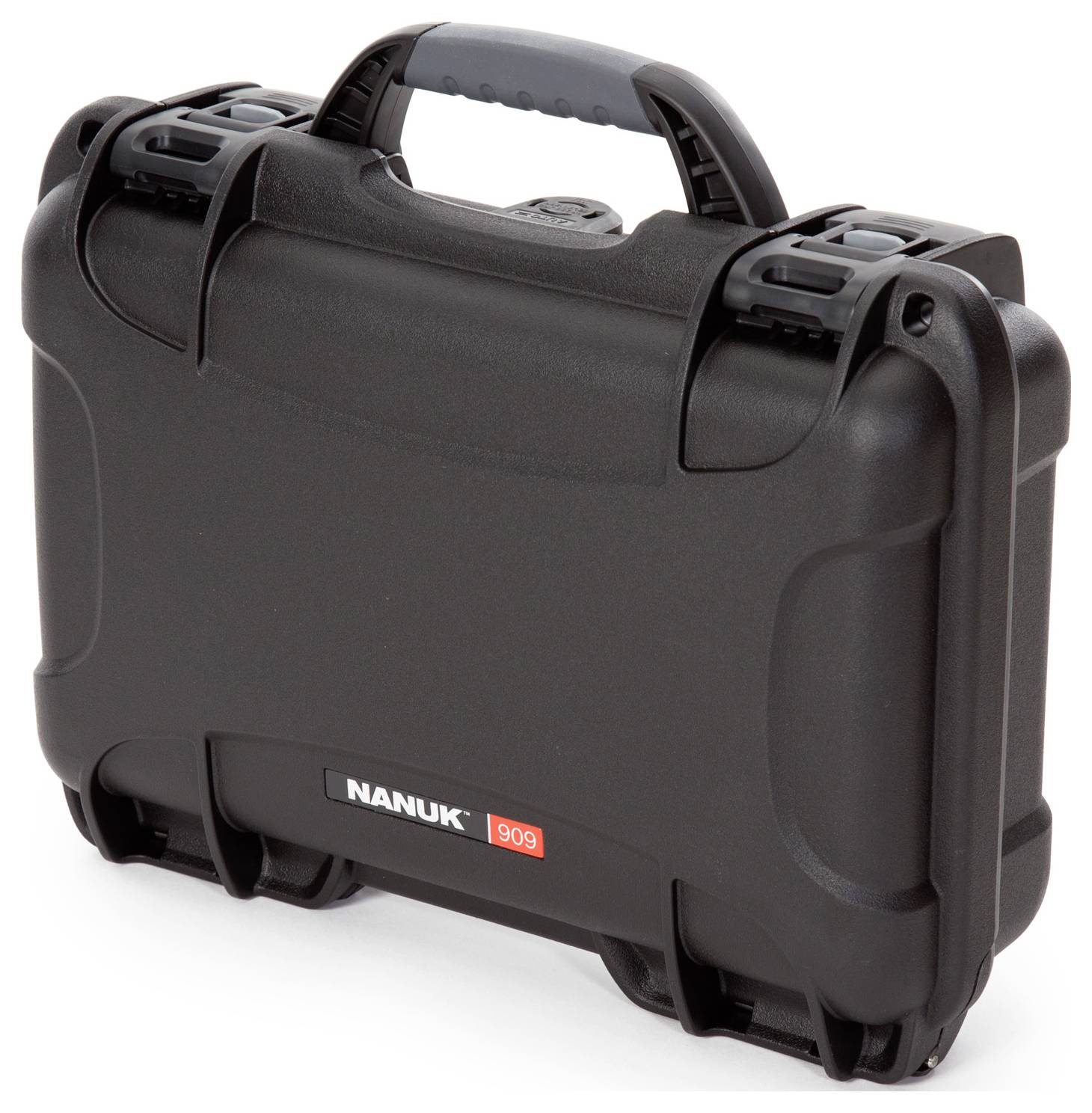 A black, robust protective case with two locks and a carry handle, marked 'Nanuk 909'. Designed for secure transportation.