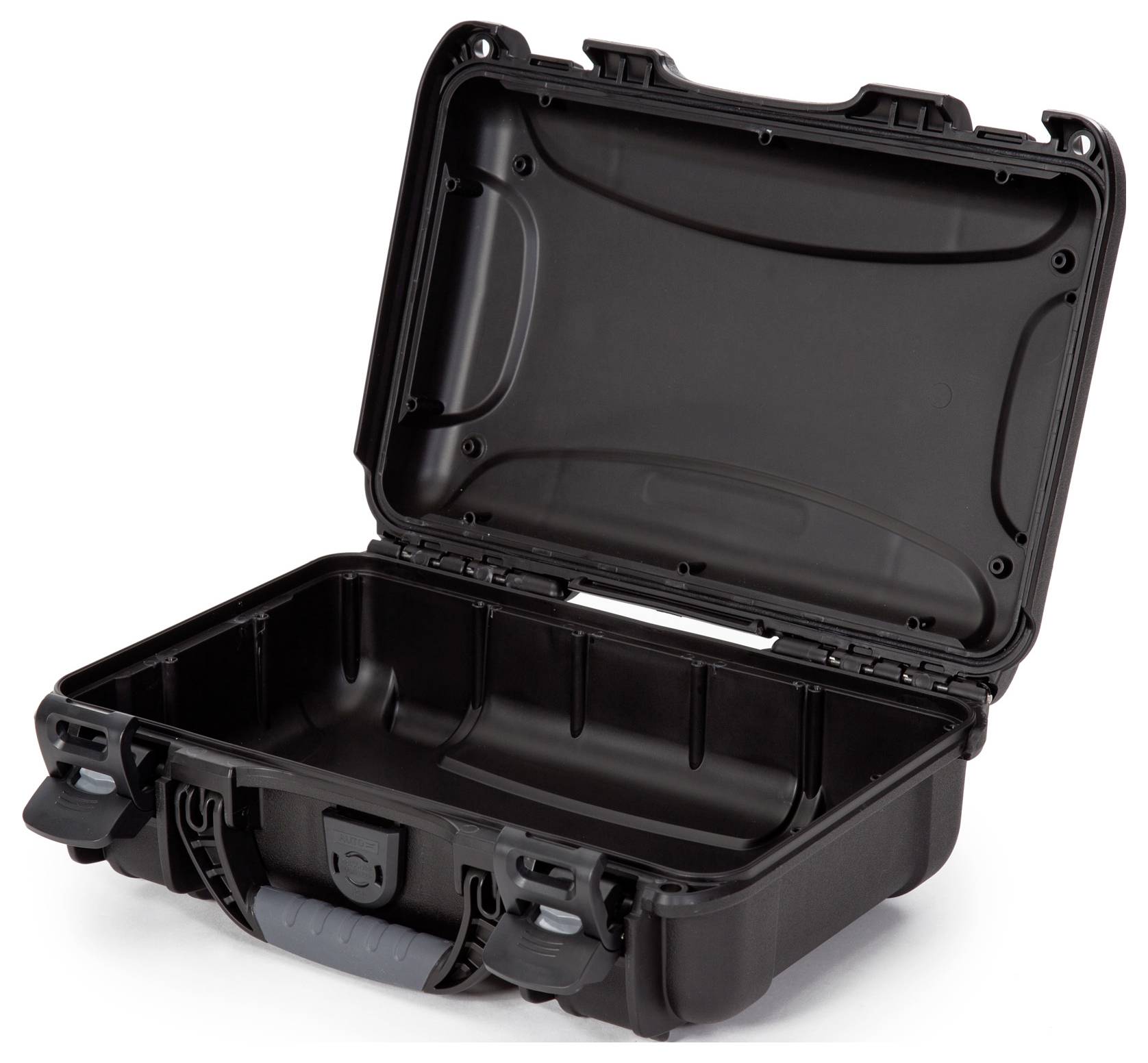 Black, open hard-shell suitcase with no contents. Robust and durable, ideal for protecting equipment during transport.