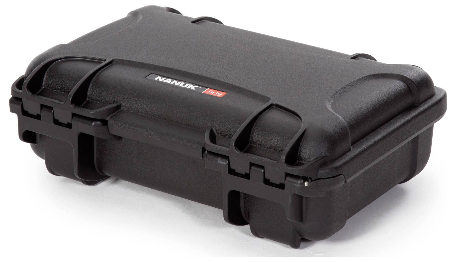 A black, robust protective case with rounded corners, locked and suitable for the secure transportation of delicate items.