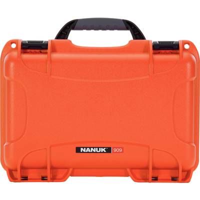 An orange hard-shell suitcase by the brand 'Nanuk', model 909, with a black handle on top.