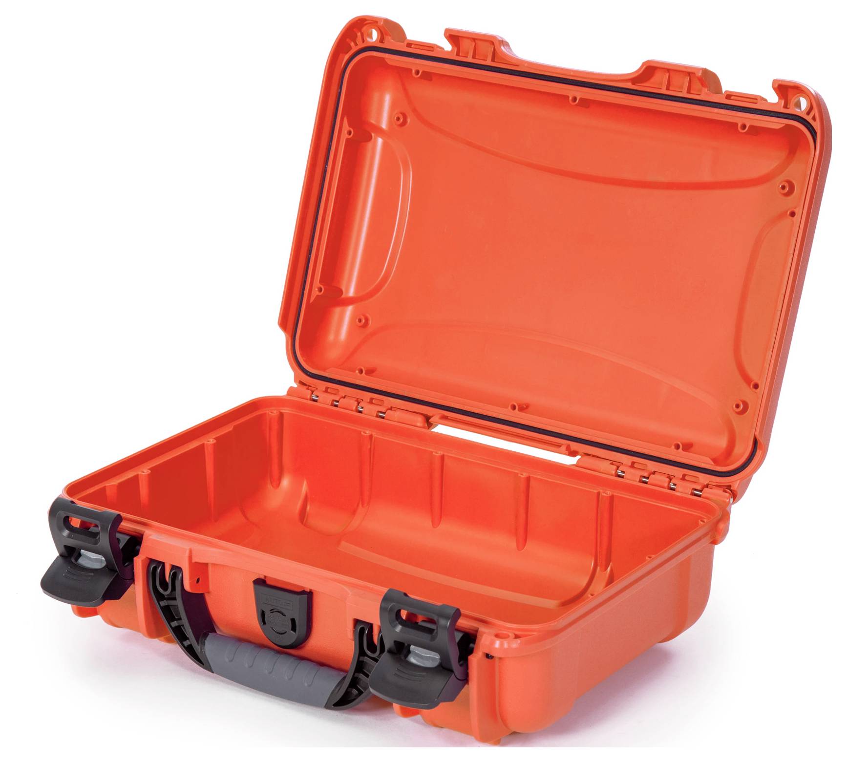 An opened, bright orange toolbox with a robust design and black fastenings.