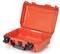 An opened, bright orange toolbox with a robust design and black fastenings.