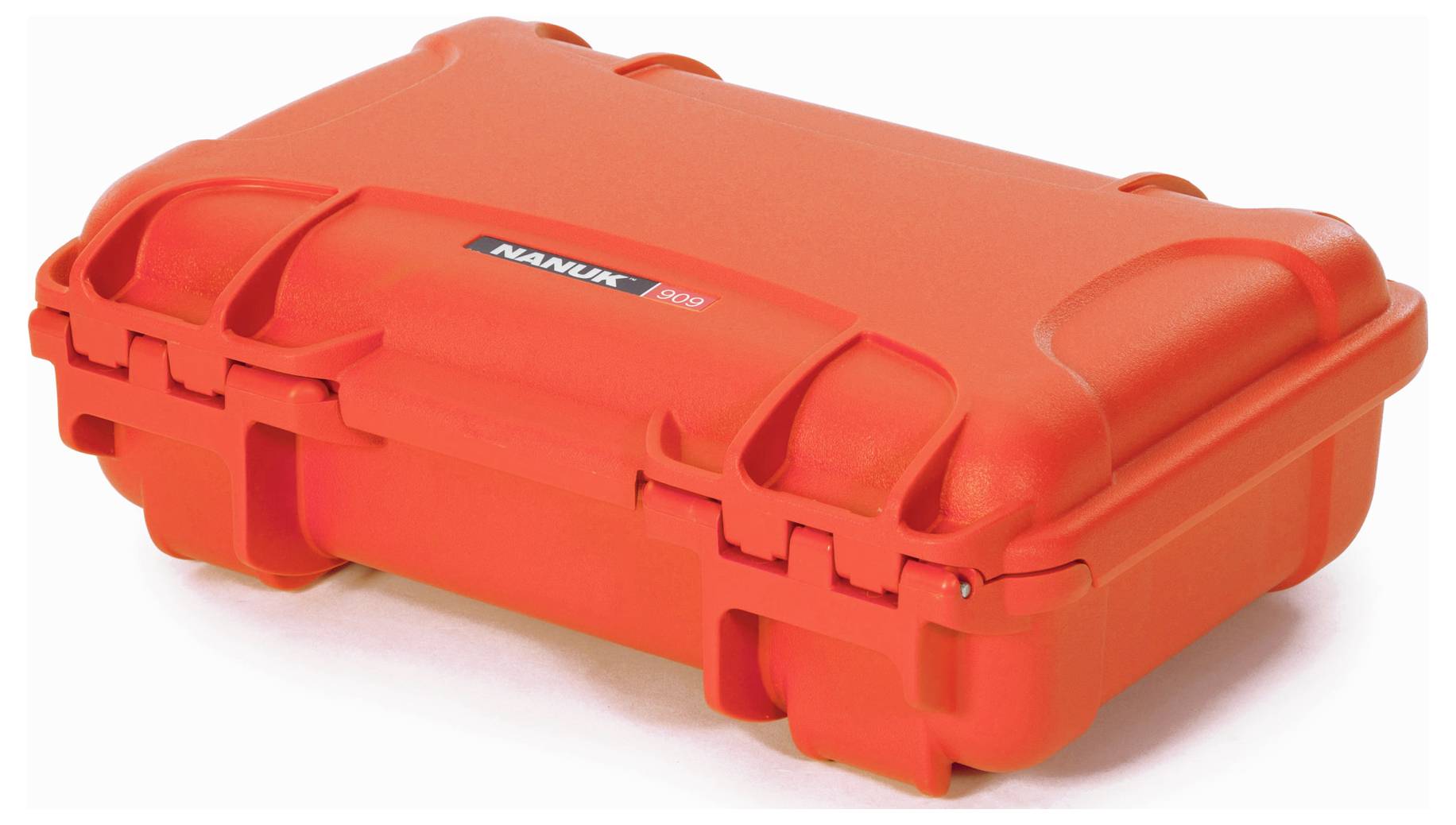 A bright orange, robust suitcase by the brand 'Nanuk', suitable for protecting delicate equipment during transportation.