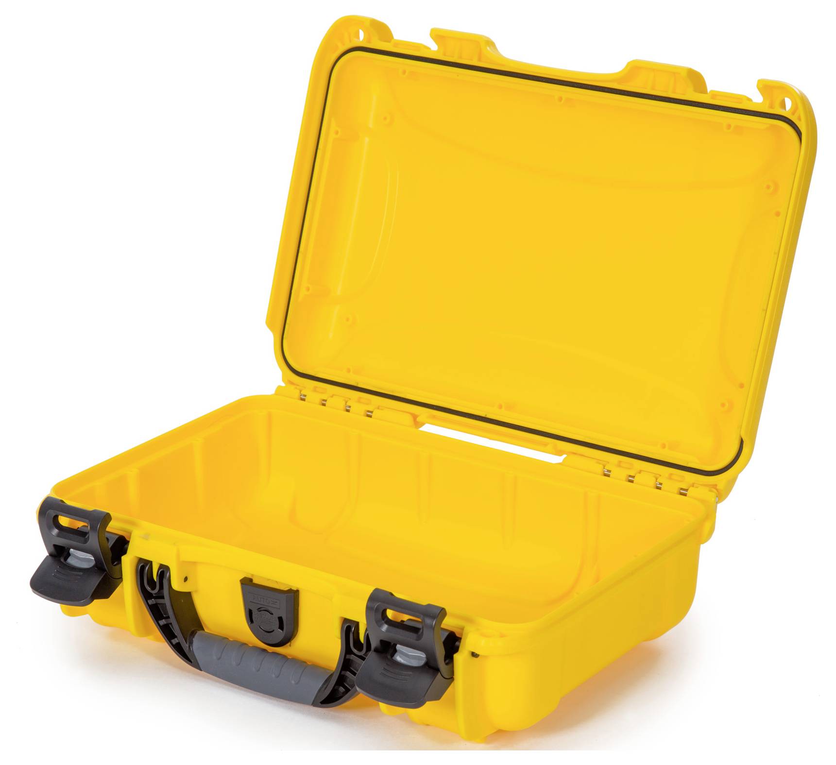 A yellow, open protective plastic case with reinforced corners and two clips. Ideal for the safe transportation of delicate items.