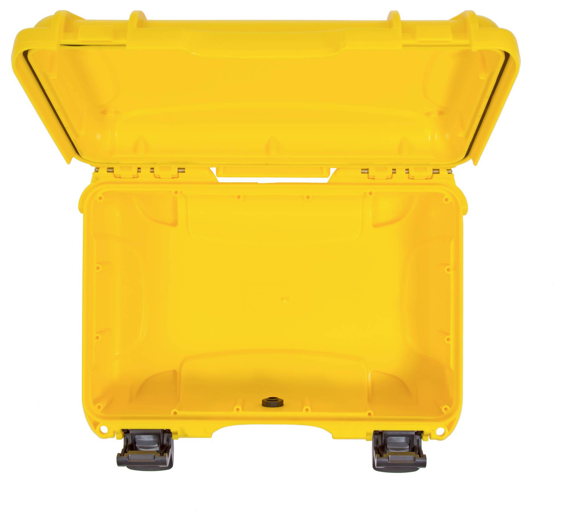 Opened yellow toolbox with an empty interior and robust locks; ready for transporting or storing tools.