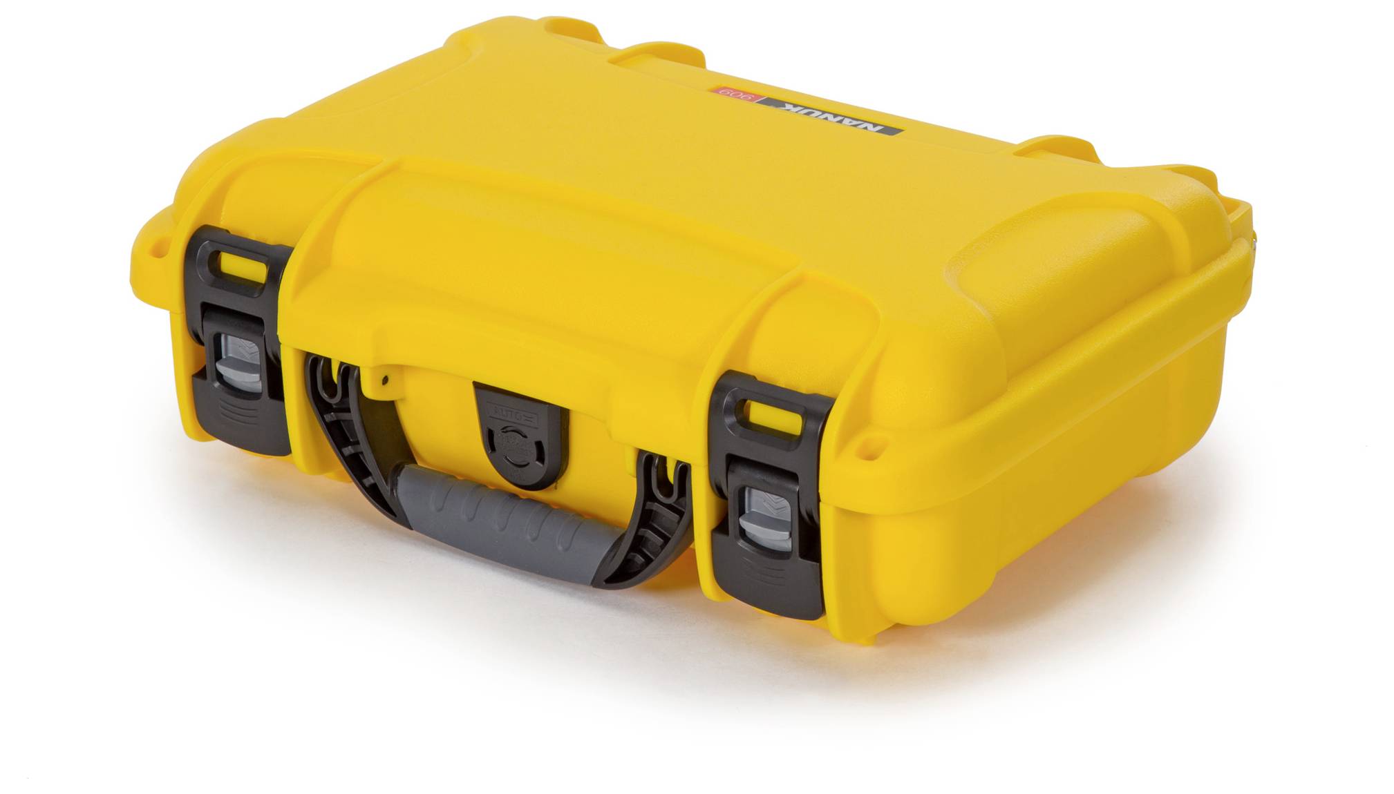Yellow, robust plastic case with black handle and latches. Suitable for secure storage and transportation of delicate items.