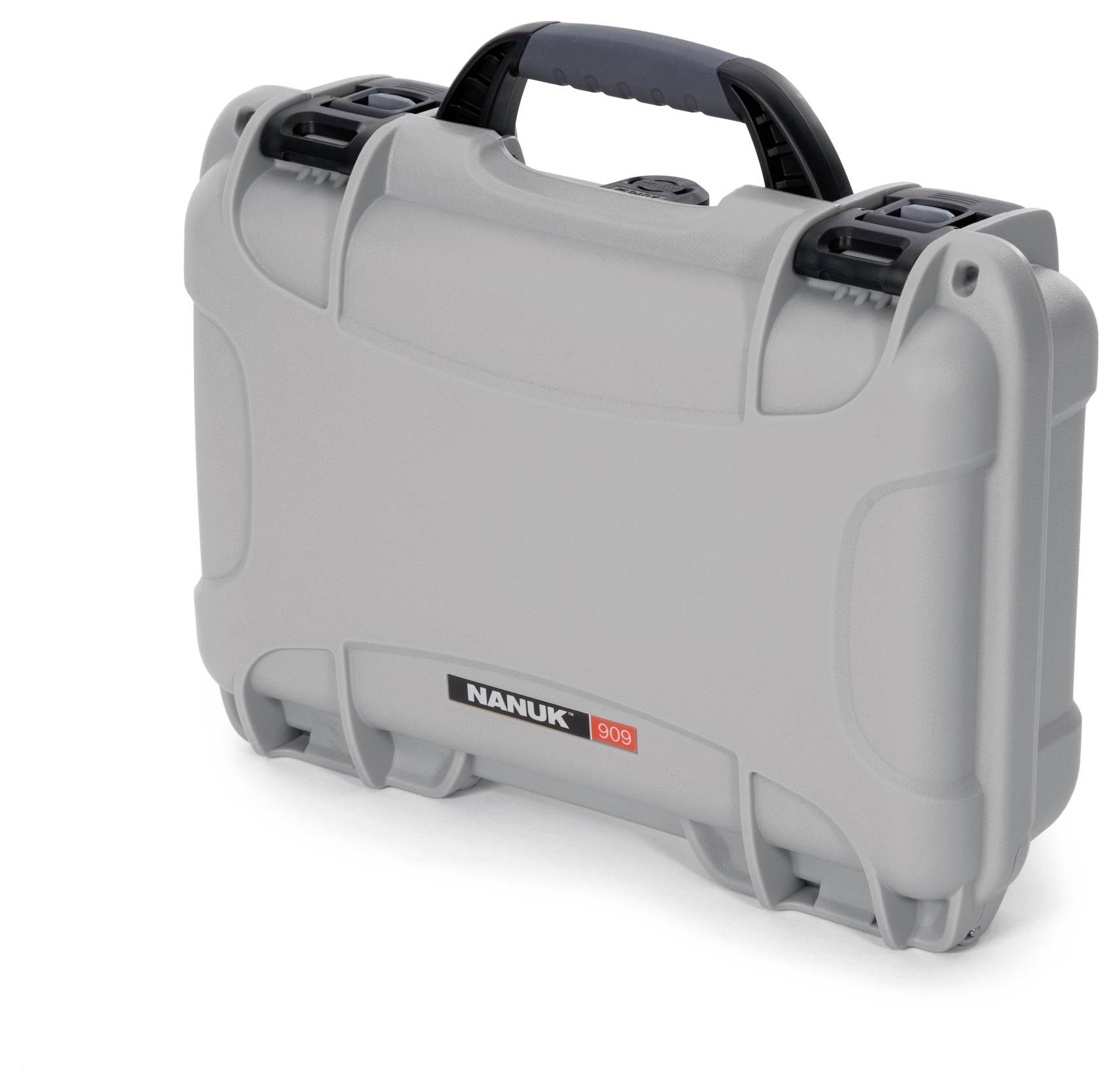Grey, robust protective case with handle. Brand 'Nanuk 909'. Suitable for secure transportation of delicate equipment or gear.