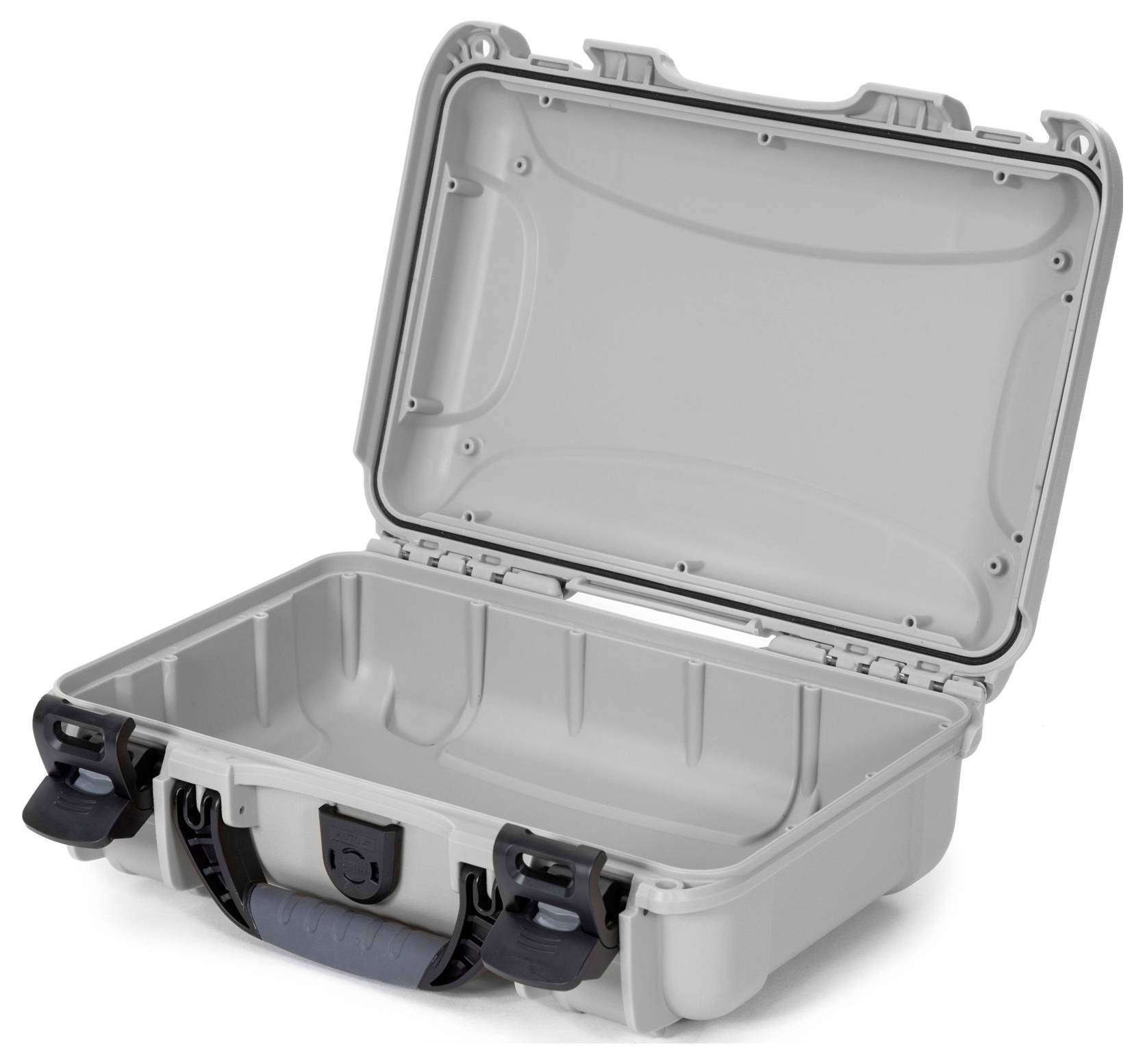Open grey hard-shell suitcase with two black locks and a blue handle. Robust and waterproof, suitable for secure transportation.