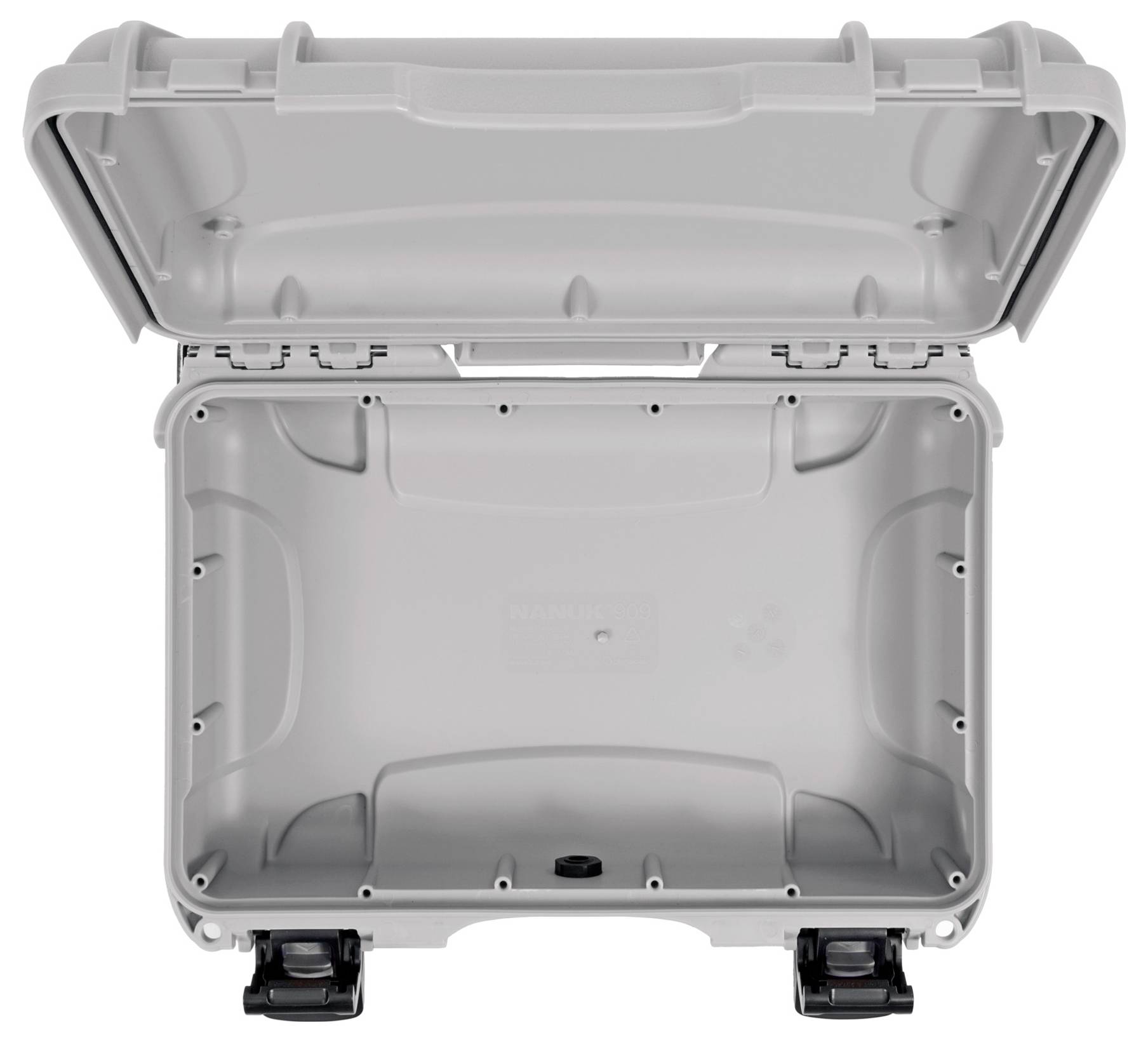 Grey, open suitcase with a robust casing and two locks at the bottom. Interior empty, suitable for storing items.