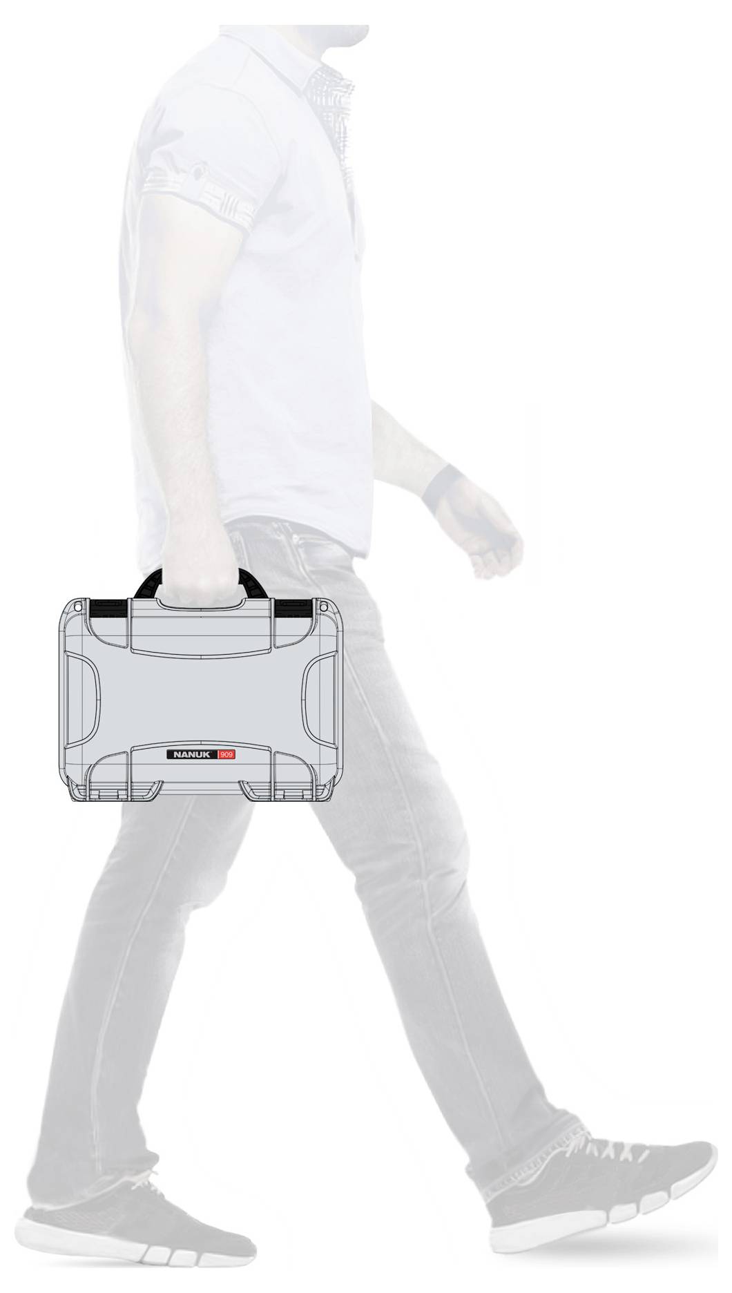 A man is carrying a compact, grey suitcase with a black handle. The suitcase has a modern design and fits comfortably in his hand.