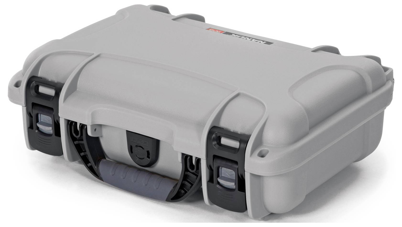 Grey, robust protective case with handle and locks, suitable for the safe transportation of delicate items.