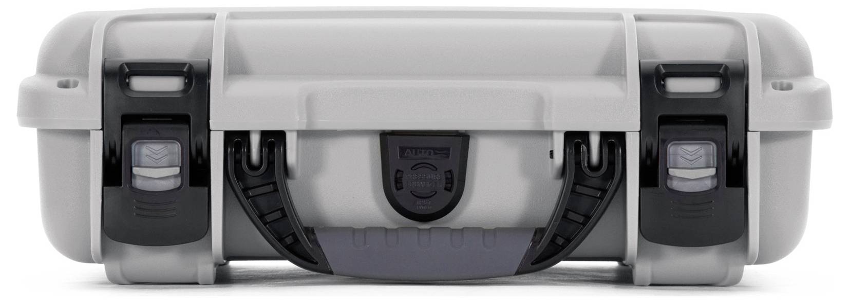 A grey, robust suitcase with a black handle and locks, ideal for securely storing and transporting delicate equipment.