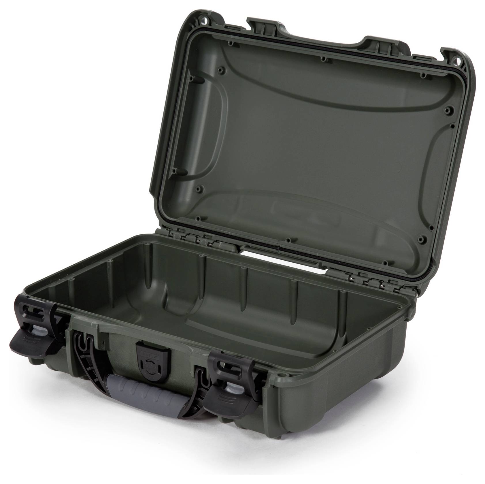 A hard-shell suitcase in dark grey, open and empty, with snap locks, suitable for transporting delicate items.
