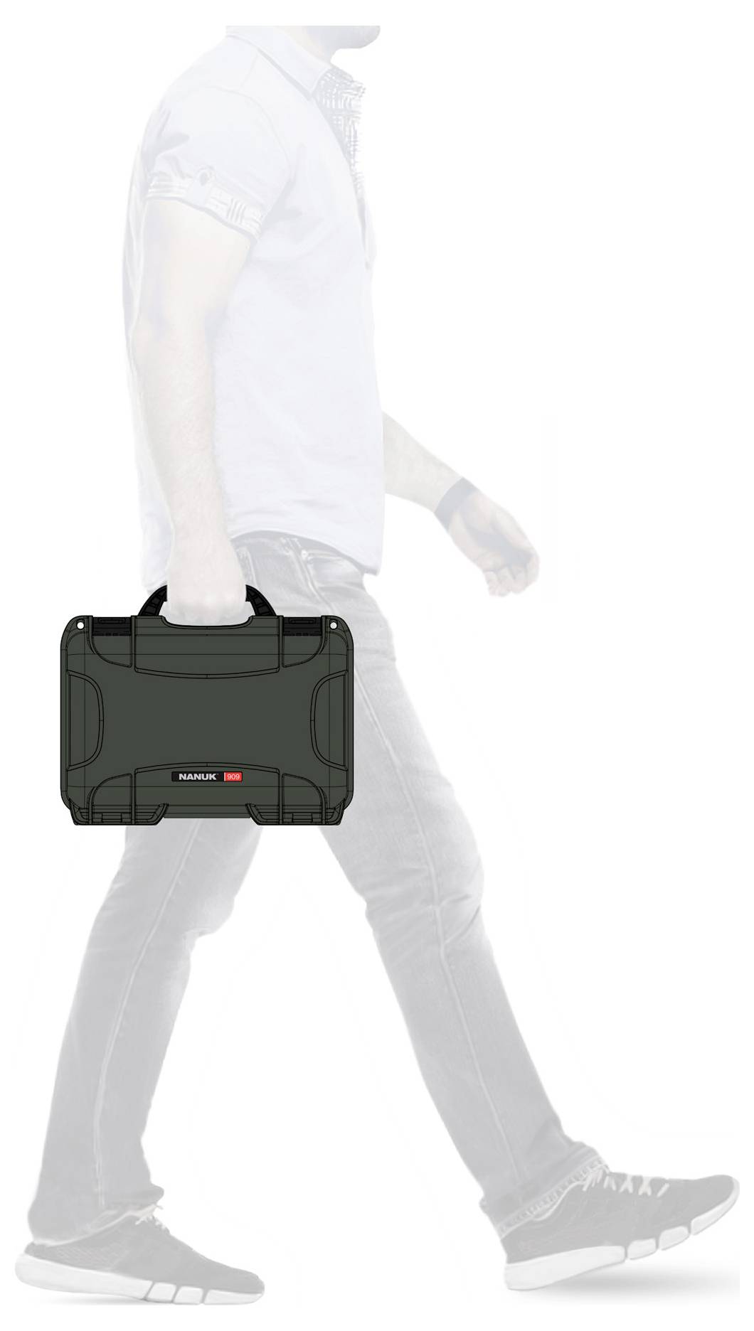 A man is walking with a dark suitcase in his hand. The suitcase has a visible inscription on one side.