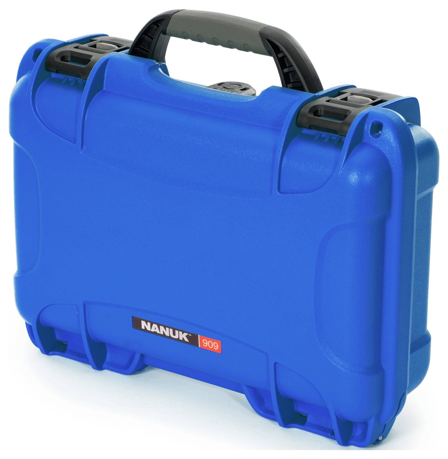 Blue, robust Nanuk case with carry handle and snap locks, suitable for protecting and transporting delicate equipment.