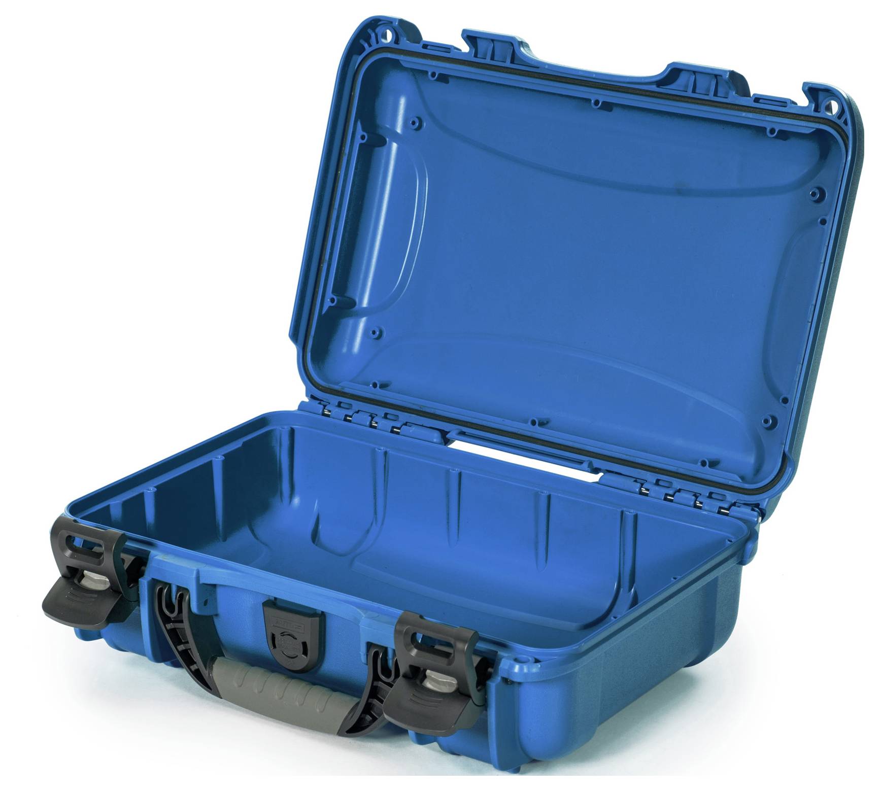An open, blue suitcase with a robust appearance reveals a spacious interior, suitable for protective equipment or delicate items.