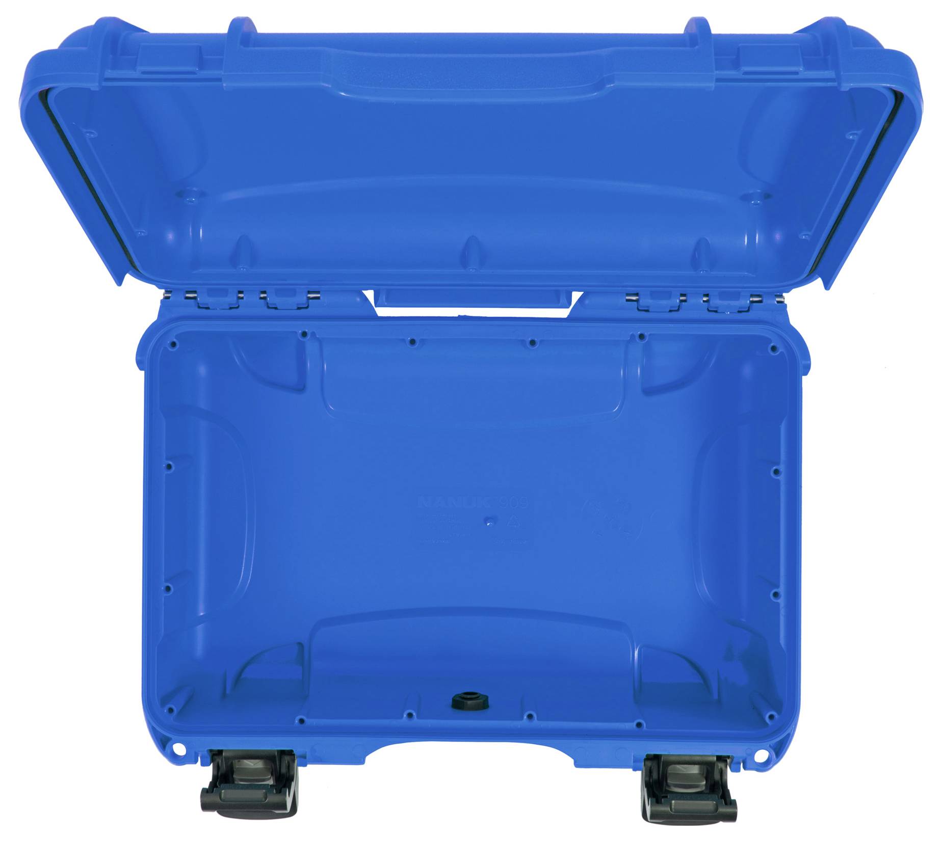 An open, blue, empty suitcase with a robust design and two clasps at the bottom edge.