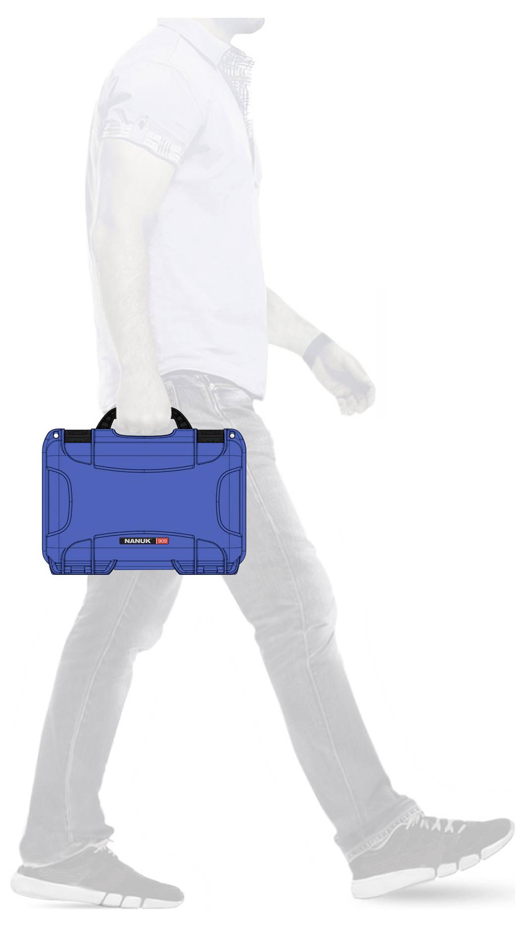 A person is carrying a bright blue suitcase in their right hand. The individual is shown in full-body view and is walking to the left.