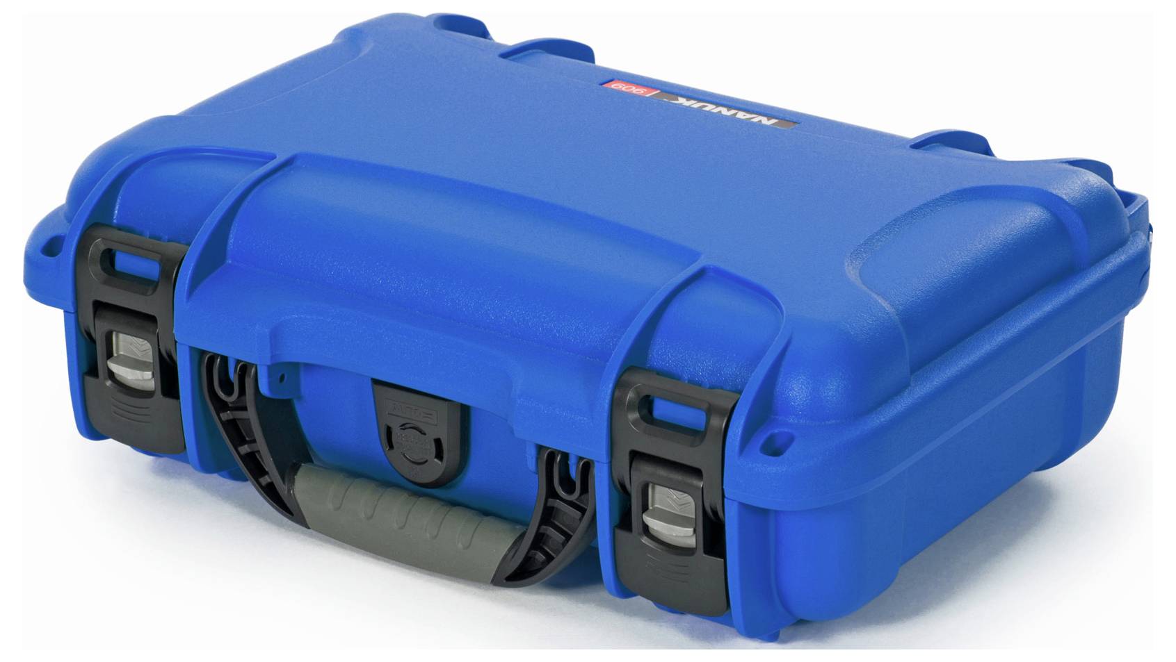 'Blue, robust protective case with two locks and a carrying handle. Suitable for secure storage and transportation.'