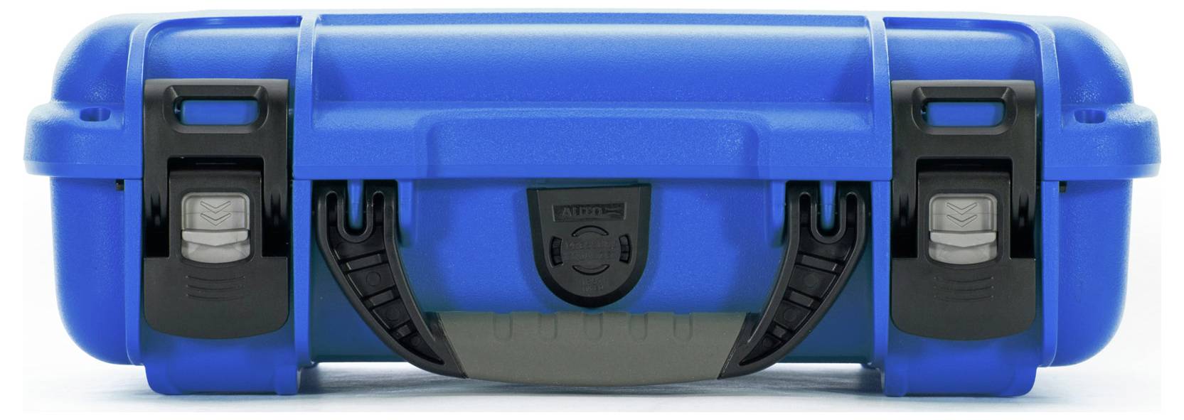Blue, rectangular hard-shell case with two black clasps and carrying handle, suitable for secure transportation of delicate equipment.
