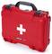 Red first aid kit with white cross and black handle, ready for transporting medical emergency supplies.