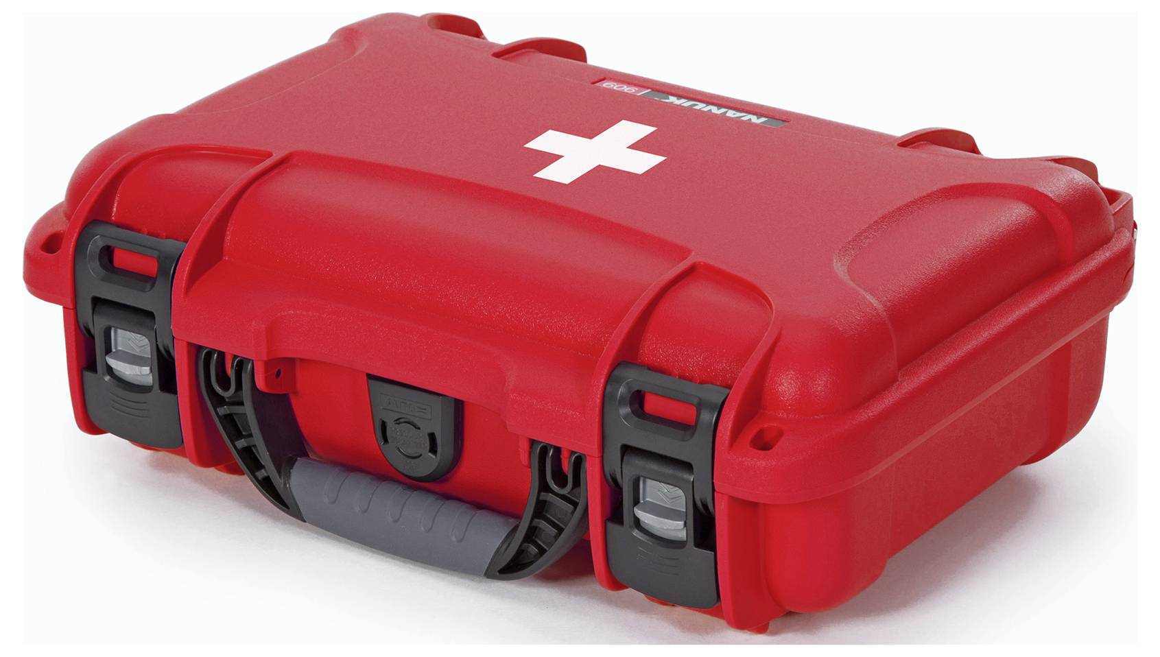 Red first aid kit with white cross on the lid, robust with fastenings, for emergency use.