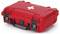 Red first aid kit with white cross on the lid, robust with fastenings, for emergency use.