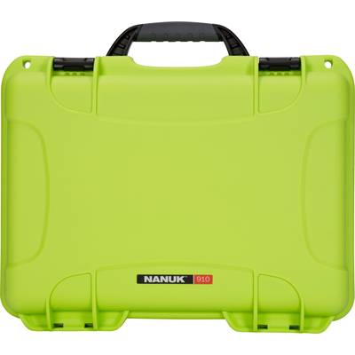 A bright green, robust suitcase by the brand 'Nanuk 910' with a black handle, used for secure transportation of delicate equipment.