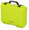 Green, robust suitcase with a black handle and fastenings, suitable for transporting and protecting delicate equipment or items.