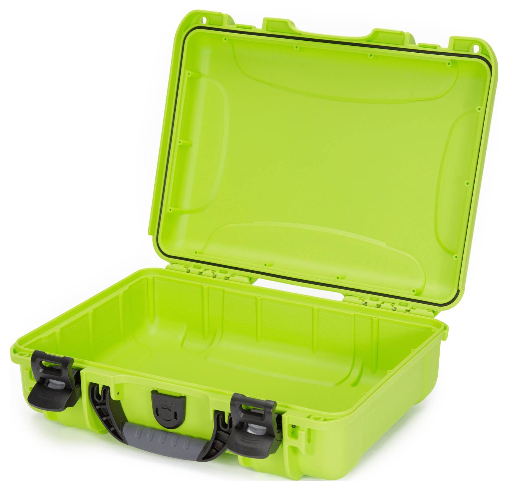 A bright green suitcase with an open lid, revealing its interior. The suitcase has a black handle and fastenings.