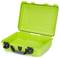 A bright green suitcase with an open lid, revealing its interior. The suitcase has a black handle and fastenings.
