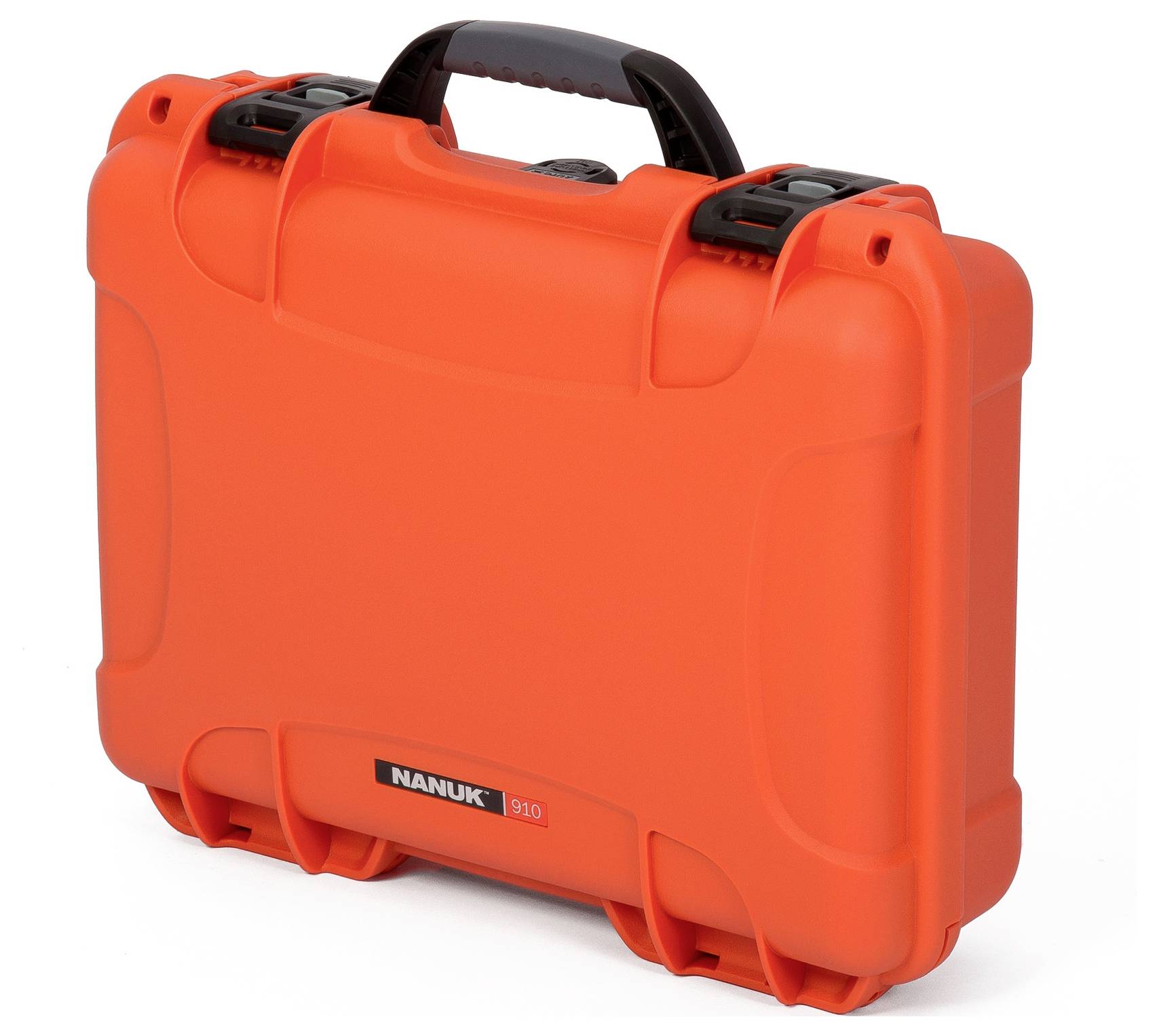 A bright orange hard-shell suitcase with handle, robust and sturdy, ideal for the secure transportation of delicate items.