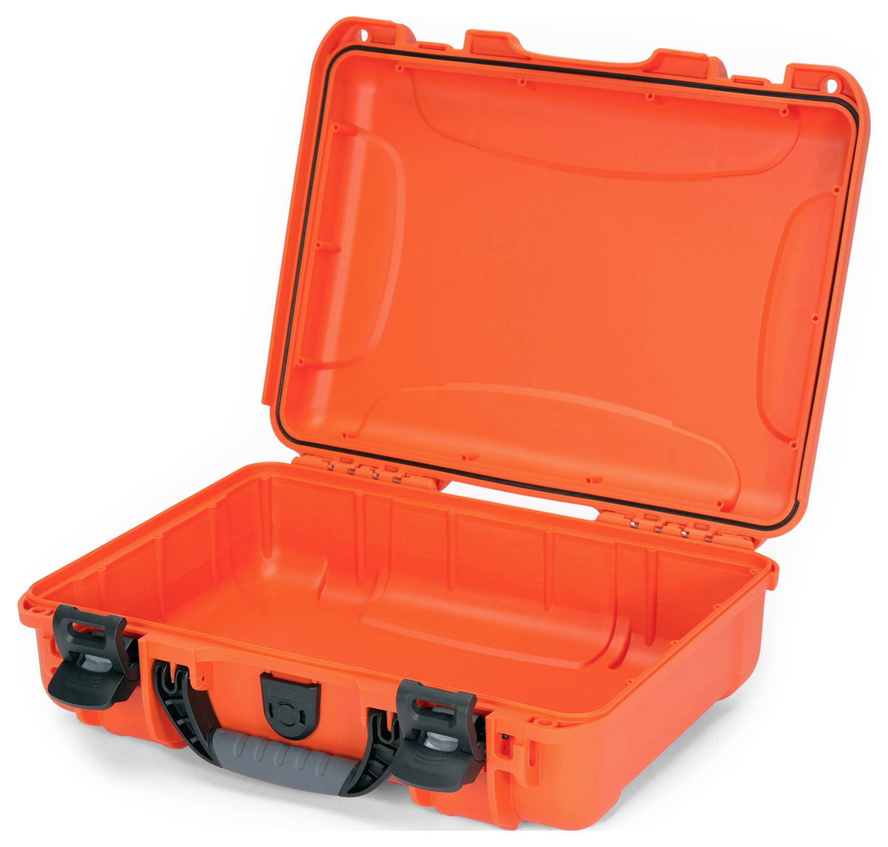 Open, empty, orange hard-shell suitcase with black handle and locks. Suitable for secure transportation.