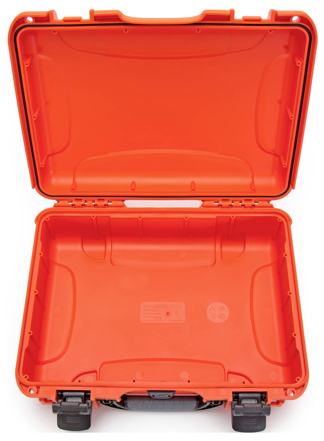 An open, empty, orange hard-shell suitcase, ideal for the secure transportation of delicate items.