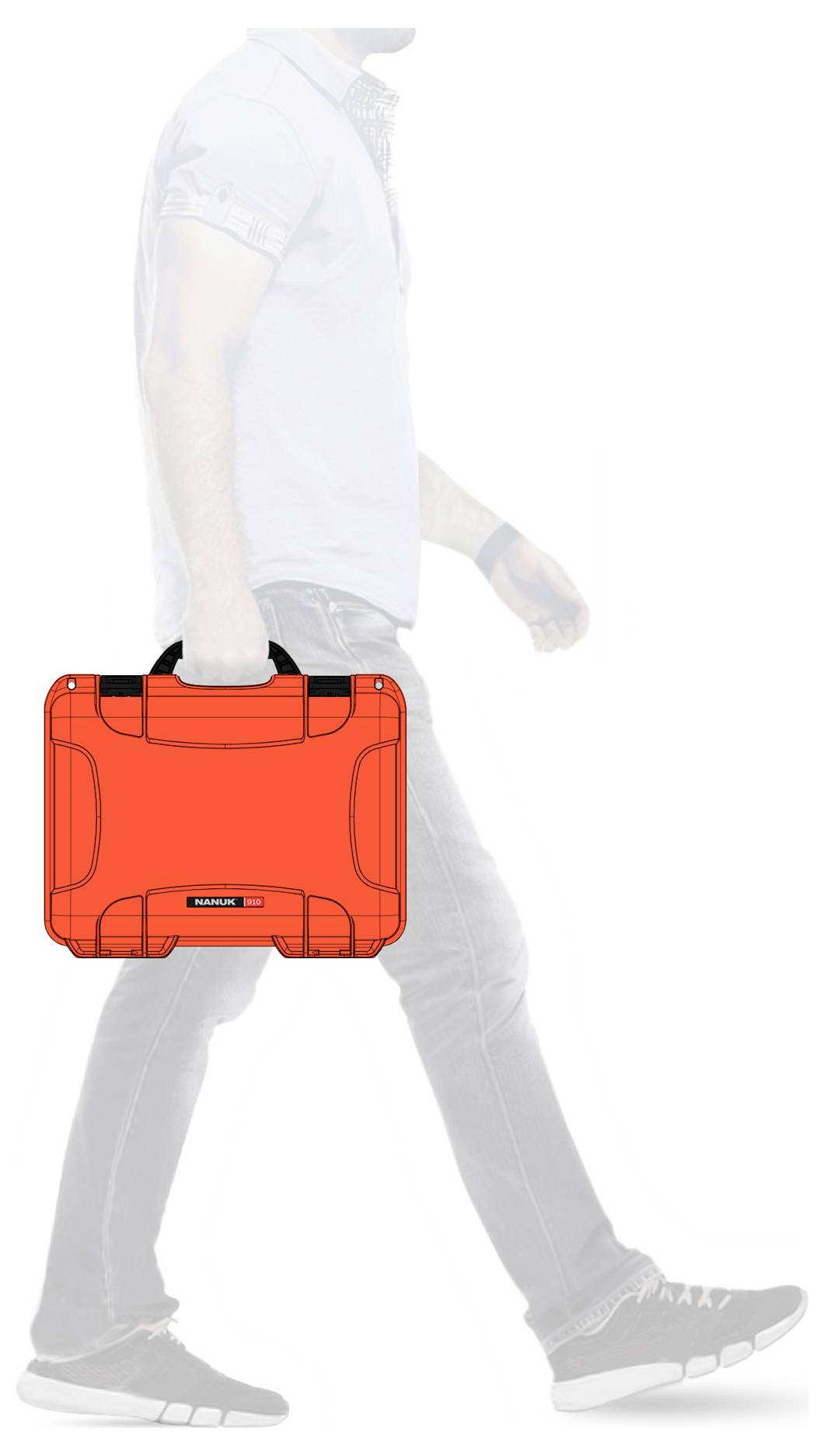A person is carrying a brightly orange tool case. The figure is depicted in silhouette, while the case is clearly visible.