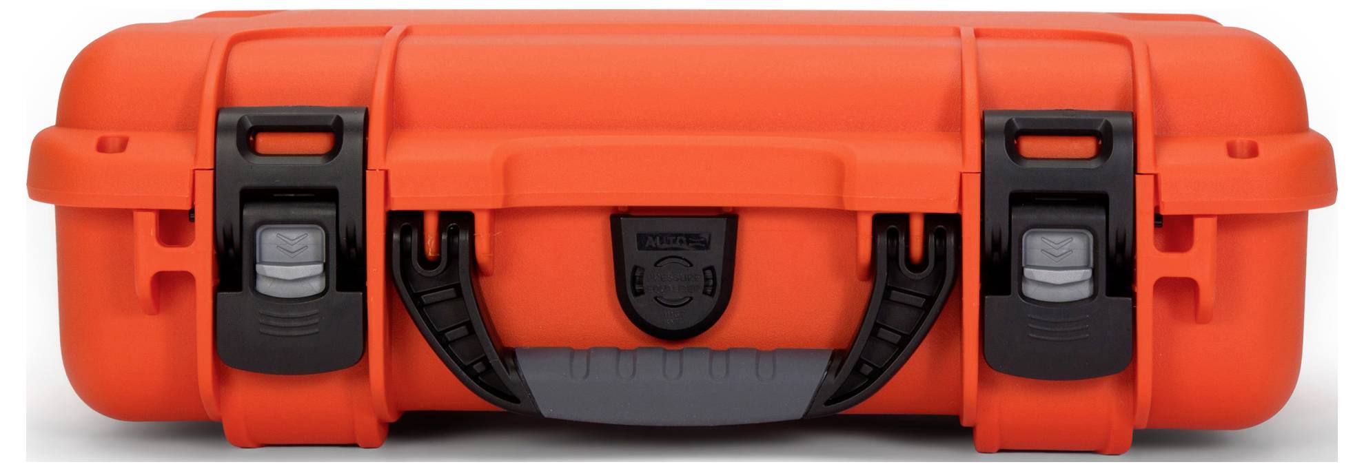Orange, sturdy hard-shell suitcase with two black clasps and a handle in the centre, on a white background.