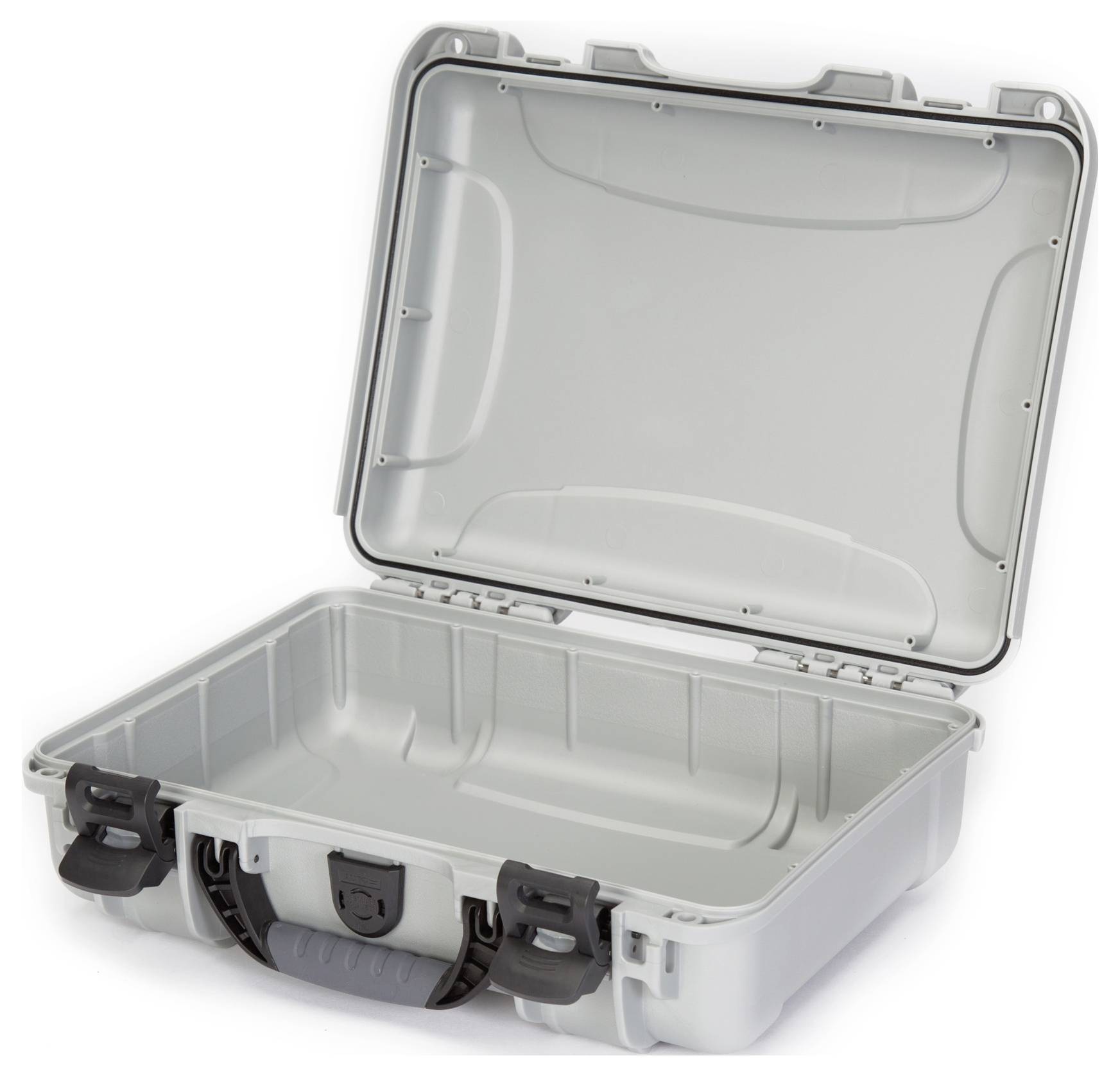 Open grey hard-shell plastic suitcase, empty, with black-edged fastenings and a handle at the front.