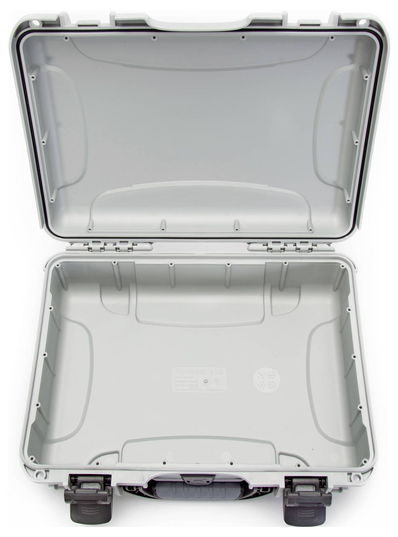 Grey, open transport case with protective internal lining and two locking latches. Case is empty and ready for use.